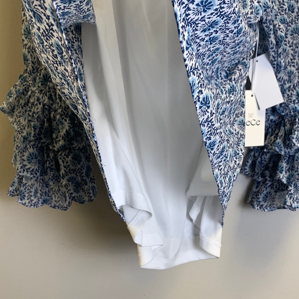CeCe Ruffled Blue Patterned Blouse NWT - image 4